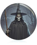 Tempered Glass Cutting Board With Non Slip Base Round Chopping Block For Kitchen And Charcuterie with grim reaper design.