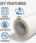 Close-up of DTF Transfer Film Roll Hot Peel 24x328ft Clear PET Heat Transfer Paper with wash-resistant and durable features.