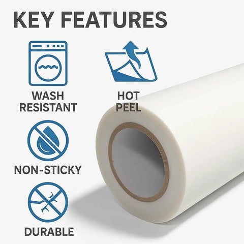 Close-up of DTF Transfer Film Roll Hot Peel 24x328ft Clear PET Heat Transfer Paper with wash-resistant and durable features.