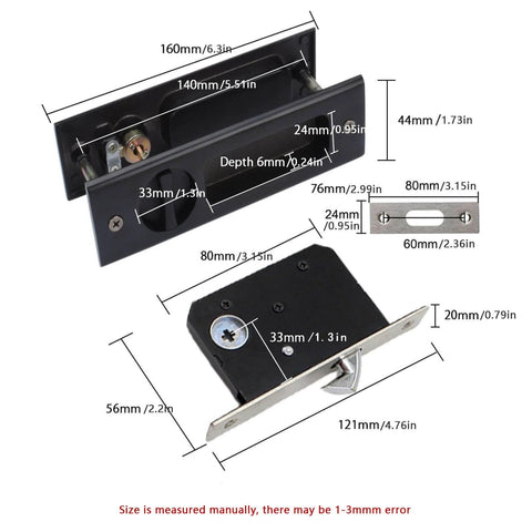 Diagram of 6.3 Inch Privacy Pocket Door Lock Set For Double Barn Doors, Silent Mortise Lock, Zinc Alloy Handle, Brass Cylinder, Black