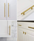 Brushed Gold Cabinet Pulls 5 Pack, 11 Inch Overall Length, installed on white kitchen cabinets.