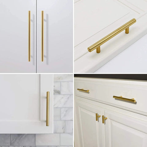Brushed Gold Cabinet Pulls 5 Pack, 11 Inch Overall Length, installed on white kitchen cabinets.