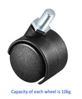 Pack Of 20 Black Nylon Swivel Caster Wheels With M6x15mm Threaded Stems For Furniture Cabinets Trolleys Silent Twin Wheel Hardware upgrade with 10kg capacity.