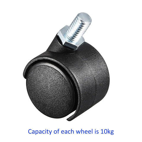 Pack Of 20 Black Nylon Swivel Caster Wheels With M6x15mm Threaded Stems For Furniture Cabinets Trolleys Silent Twin Wheel Hardware upgrade with 10kg capacity.