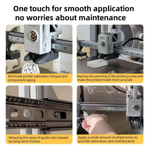 Four Pack 10g 3D Printer Gear And Optical Axis Lubricant Grease for Ender 3 V3 KE CR10 SE Kobra 2 showing application on printer.