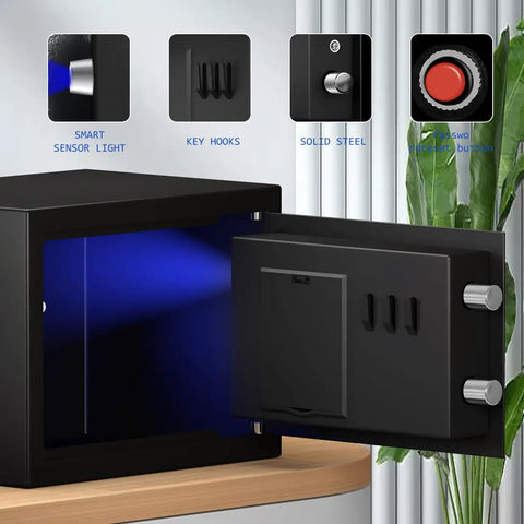 Digital Safe Box With Sensor Light and Electronic Keypad, black steel, open door showing inner light, for wall or cabinet mount