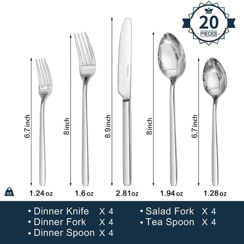 20 Piece Flatware Set For 4 In 18/10 Stainless Steel, Mirror Polished Silverware, Includes Knives, Forks, Spoons, Dishwasher Safe