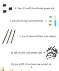 Deluxe package components for Prototyping Solderable Breadboard PCB Kit with Dual Power Rails, including screws and headers.