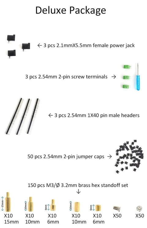 Deluxe package components for Prototyping Solderable Breadboard PCB Kit with Dual Power Rails, including screws and headers.