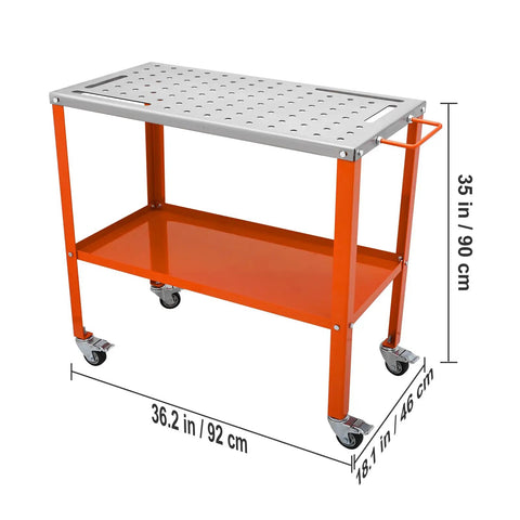 Tough As Nails Steel Welding Table 36 By 18 Inch Portable Workbench On Easy Roll Brake Casters with tool slots and shelf.
