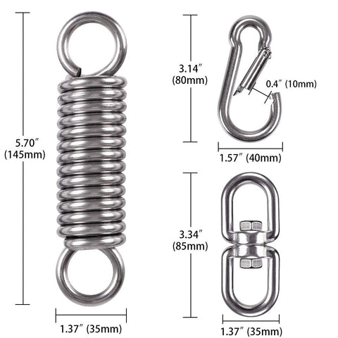 Beefy Heavy Duty Swing Spring Hardware Kit showing spring, snap hook, swivel dimensions for hanging chairs and hammocks.