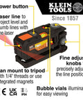 Magnetic Pocket Laser Level With 360 Degree Wall Attachment displaying red laser, bubble vials, and fine adjust knobs for picture hanging.