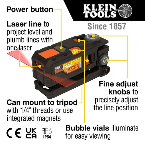 Magnetic Pocket Laser Level With 360 Degree Wall Attachment displaying red laser, bubble vials, and fine adjust knobs for picture hanging.