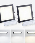 HITOO 8 Inch Square Recessed Ceiling Light, 3CCT, Dimmable, Black, 2 Pack with driver, installed in various ceiling settings.
