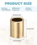10mm Bore Sleeve Bearings 12mm OD 10mm Length Self Lubricating Cast Brass Bushings For Smooth Slick Sliding Movements In Machinery Electronics Automotive And More Gold Tone Pack Of 8 showing product dimensions and material details.