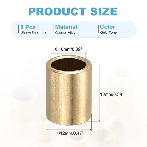 10mm Bore Sleeve Bearings 12mm OD 10mm Length Self Lubricating Cast Brass Bushings For Smooth Slick Sliding Movements In Machinery Electronics Automotive And More Gold Tone Pack Of 8 showing product dimensions and material details.
