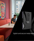 Ultra Slim RFID Blocking Wallet For Men With Money Clip Carbon Fiber Build next to a modern coworking space