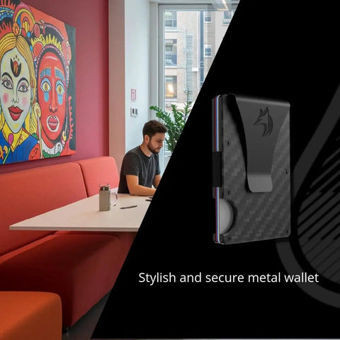 Ultra Slim RFID Blocking Wallet For Men With Money Clip Carbon Fiber Build next to a modern coworking space