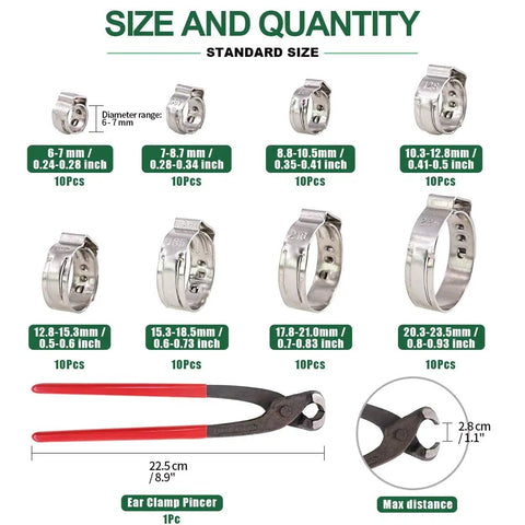 Heavy Duty Hose Clamp Kit With Pincer Crimp Tool Set, 6-23.5mm 304 Stainless Steel Ear Clamps and Pincer, Auto and Home Use