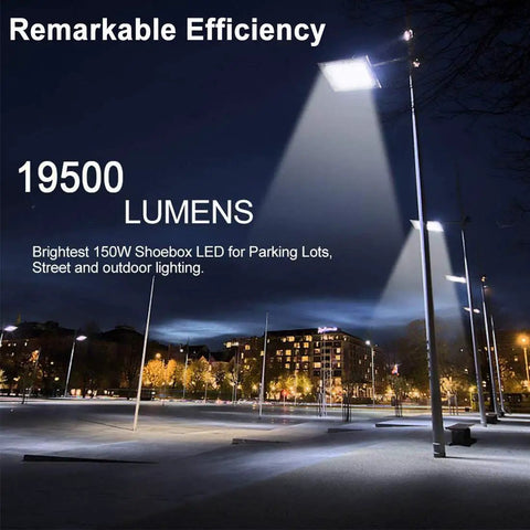 Beefed-Up 150W LED Shoebox Parking Lot Light With Dusk To Dawn Photocell illuminating parking lot at night, showing 19500 lumens.