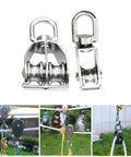 Heavy Duty 304 Stainless Steel Single Pulley Wheel For Pulley Systems And Clotheslines Built To Last 360 Degree Rotation Hanging Wire Towing Wheel For Gym Equipment 158.9mm Length And 74.5mm Wheel Diameter, shown in use