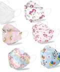 Colorful Kids KF94 Disposable Masks With Fish Mouth Design, showing six patterns, Four-Layer Protection, Ultra Comfy For Kids