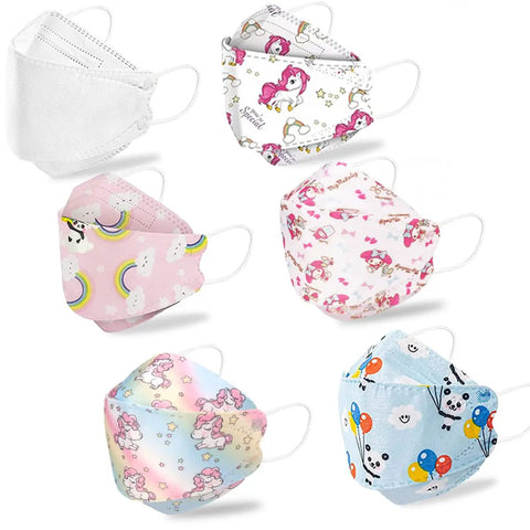Colorful Kids KF94 Disposable Masks With Fish Mouth Design, showing six patterns, Four-Layer Protection, Ultra Comfy For Kids