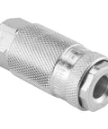 Close-up of 1/4 Inch FNPT L Style Air Coupler, durable steel, push-to-release sleeve, part of 10 durable pneumatic fittings set.