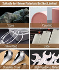 Stone carving set with diamond burrs for 1/8 in shank; collage shows stone, ceramic, jade, silver, and stainless steel.