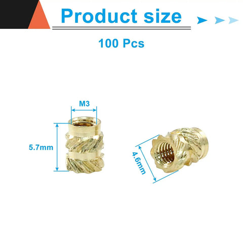 100 Pcs M3 Brass Heat Set Threaded Inserts For 3D Printing M3x5.7x4.6 Size Knurled Nuts, dimensions labeled