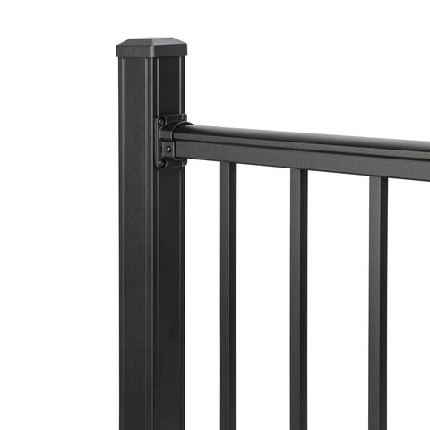 Level Deck Railing Kit With Square Balusters And Mounting Brackets, 72 Inch Top And Bottom Rails, 36 Inch High Outdoor Fence System close-up of black railing post and square baluster.