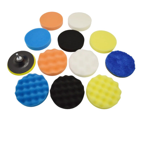 12Pcs 5 Inch Foam Buffing Pads Kit with Coral Fleece Pad Backing Plate M14 Drill Adapter for pro grade detailing, various colors