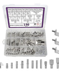 Dang Sturdy Nickel Plated Shelf Pin Kit with seven styles of heavy duty support pegs, 150 pieces in a storage box.
