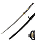 Unsharpened Stainless Steel Katana Iaito For Iaido Practice, 28.5 Inch Blade With Bo-Hi Fuller, black handle and scabbard, close-up.