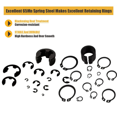 Durable C Clips And E Clips Snap Ring Assortment Kit In Black Carbon Steel With 28 Sizes Displayed On White Background