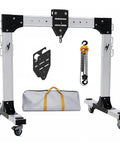 Portable Aluminum Gantry Crane With 4400 Lb Capacity Adjustable Height And Width Tuned For Low Ceilings features hoist and accessories.