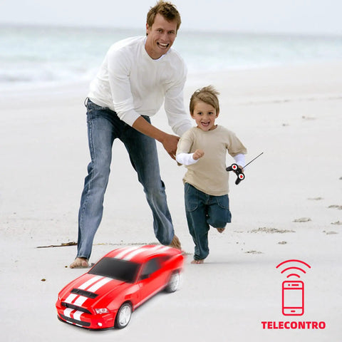 Father and son playing with Remote Control 1/24 Scale Ford Mustang Shelby GT500 RC Car, Dope 15 KMH Speed, Turbo Off Road Style, Red