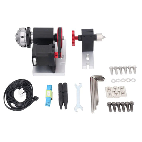 Built Like A Tank Cnc Fourth Axis Rotary Module Kit With High Torque 42 Stepper Motor And Four To One Belt Drive featuring components and tools.