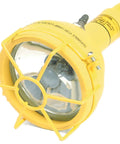 Built Tough 50 Foot Cord Reel With Job Site Work Light yellow safety lamp designed for construction sites with protective cage.