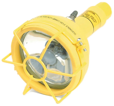 Built Tough 50 Foot Cord Reel With Job Site Work Light yellow safety lamp designed for construction sites with protective cage.