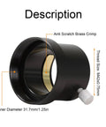 T2 To 1.25 Inch Eyepiece Adapter For 1.25in Telescopes With M42x0.75mm Thread Brass Internal Compression Fits Focuser Diagonal And Eyepiece Holders Matte Black Finish, showing brass crimp and thread size with a silver knob.