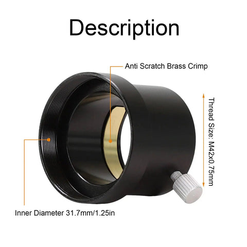 T2 To 1.25 Inch Eyepiece Adapter For 1.25in Telescopes With M42x0.75mm Thread Brass Internal Compression Fits Focuser Diagonal And Eyepiece Holders Matte Black Finish, showing brass crimp and thread size with a silver knob.
