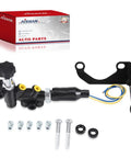 Universal Adjustable Proportioning Valve Kit With Easy Turn Knob For Master Cylinder 260-13190 260-11179 with black finish and yellow fittings.