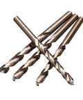 Heavy Duty M42 High Cobalt Twist Drill Bit Set 25 Piece Rock Solid 3 Flute End Mill Cutter, four drill bits arranged.