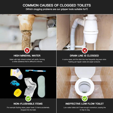Infographic depicting common causes of clogged toilets: high mineral water, clogged drain line, non-flushable items, low flow toilet.