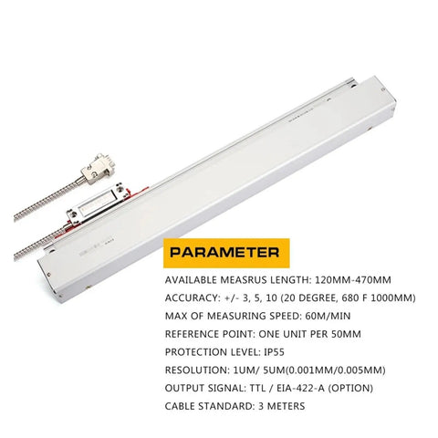 Pro Grade Precision Linear Scale Encoder 0.005mm Optical Scale With 5um Grating Glass Ruler Sensor displayed with specifications.