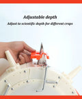 Manual Hand Push Garden Seeder With Stainless Steel Duckbill, Clear Seed Box, and Adjustable Planting Depth being set
