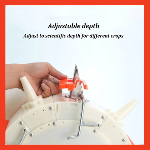 Manual Hand Push Garden Seeder With Stainless Steel Duckbill, Clear Seed Box, and Adjustable Planting Depth being set
