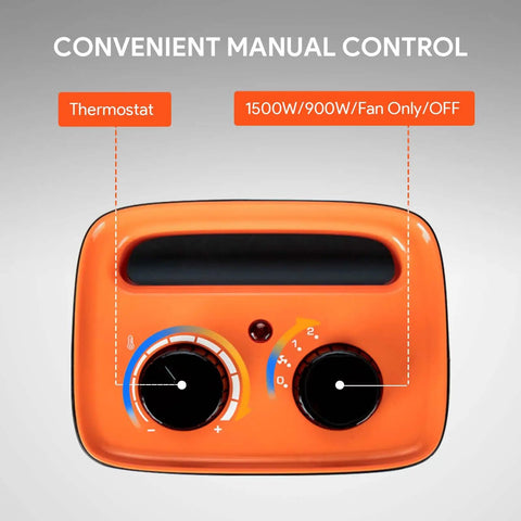 Thermostat and control dials of Portable Space Heater With Thermostat, 1500W PTC Ceramic Indoor Heater For Home Or Office, Orange