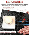 Heavy Duty Insulating Rubber Electrical Safety Mat Built Like A Tank For Real Deal High Voltage Protection And Slip Resistant Flooring That Keeps Every Tradesman Locked In All Day with copper wire and operator's hands on mat.